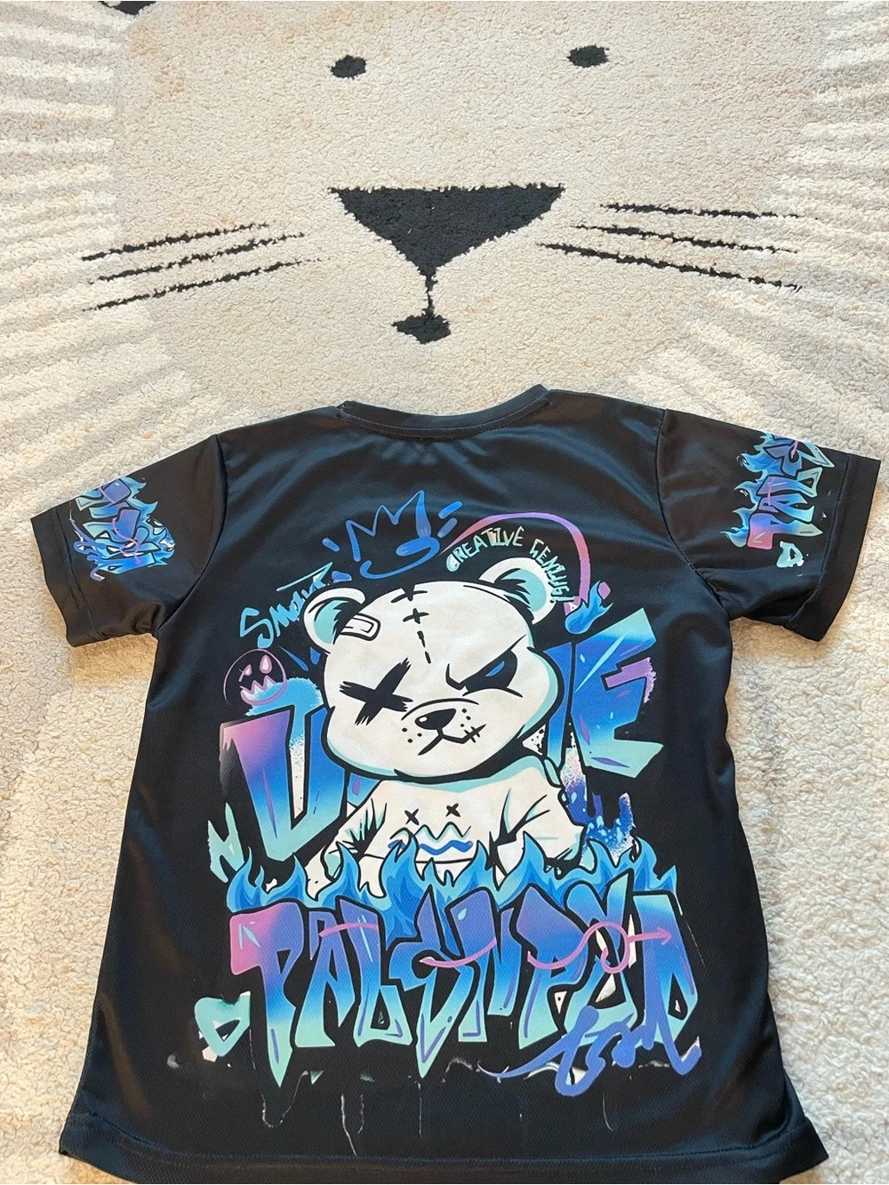 Kids Black Pajama Set with Blue & Purple Graphic Bear